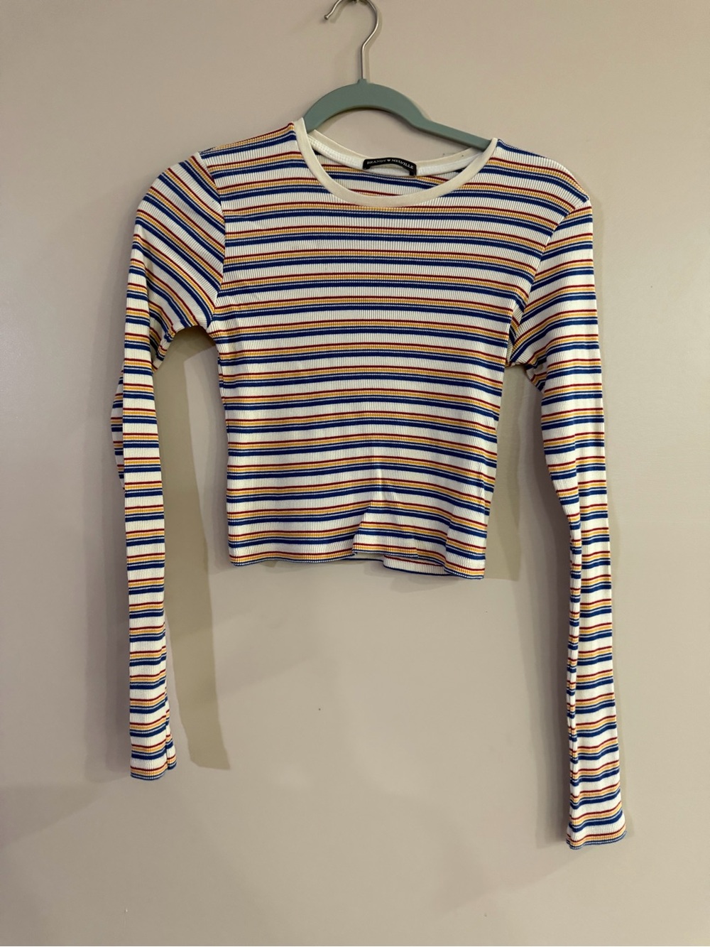 Brandy Melville White Ribbed Long-Sleeve Crop Top with Blue & Orange Stripes